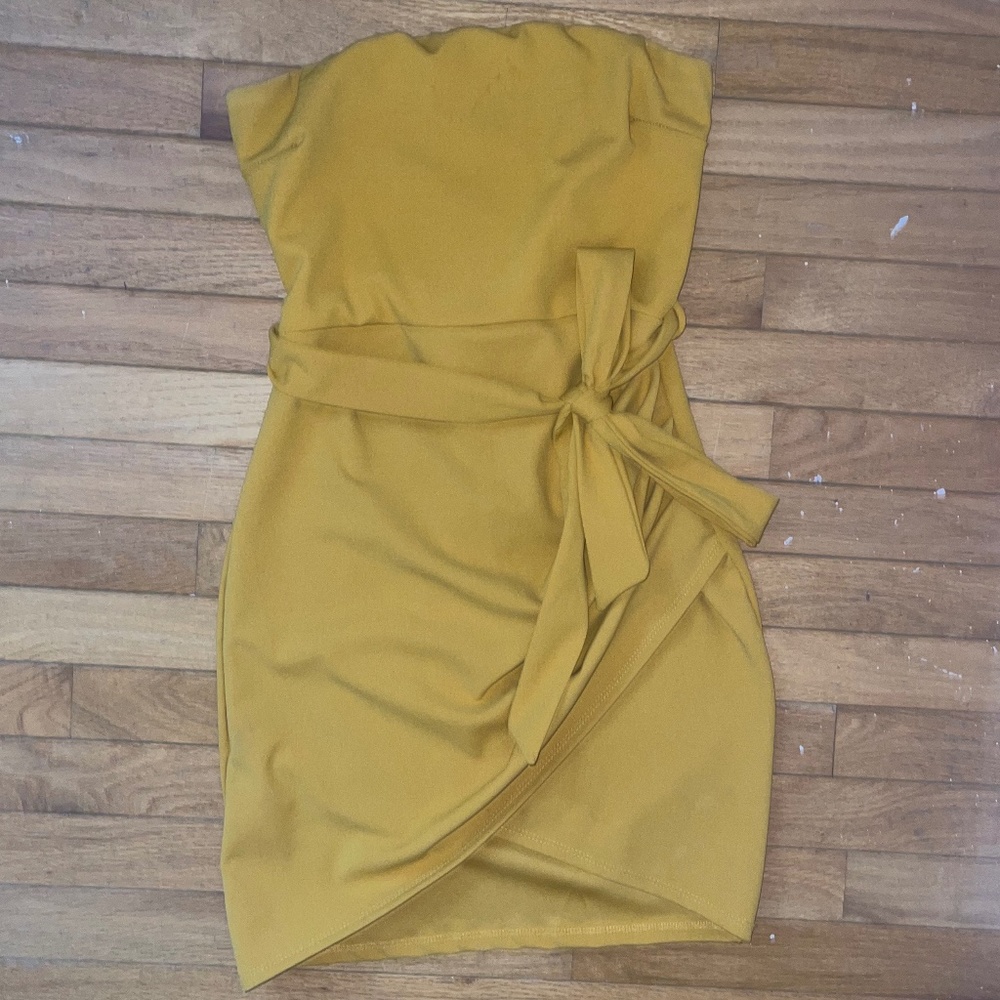 Windsor Mustard Yellow Mini Dress with Sash Tie, Ruched Asymmetric Bodycon,